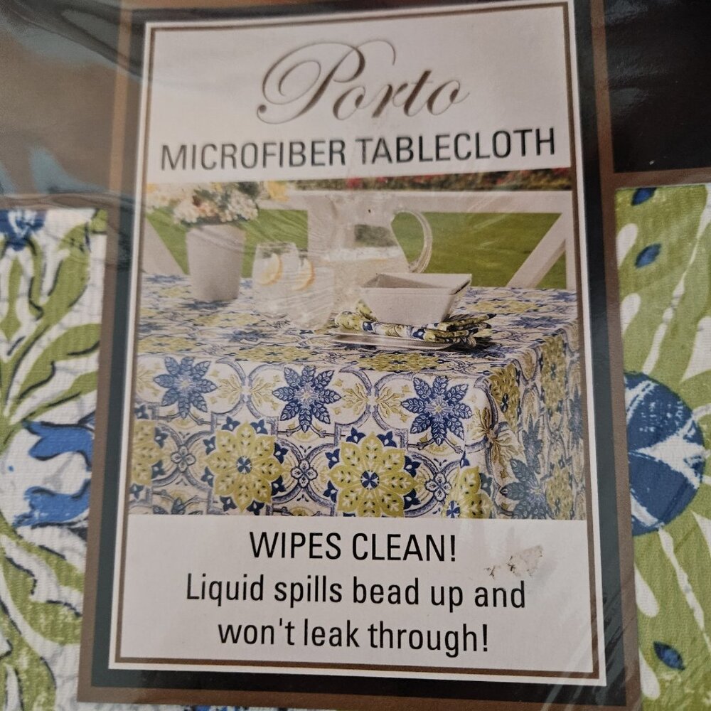 Oval Tablecloth Linen 60x84 Porto Blue Green Floral Mediterranean Dining Kitchen - Picture 5 of 7